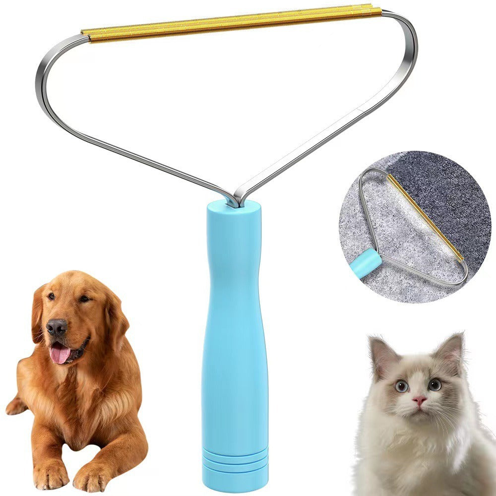 The hair remover shown with a Golden Retriever and a white cat, with a close-up of the blade on felt