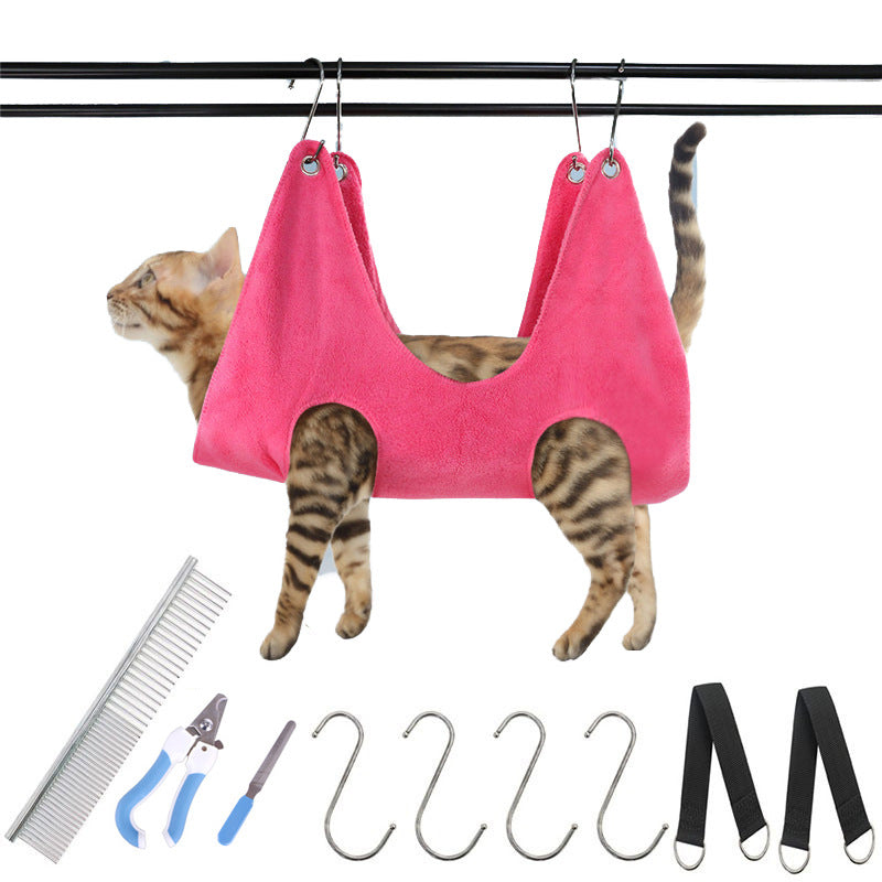 Fleece Pet Grooming Hammock with Hooks — Fleece Hammock + Grooming Kit, Magenta