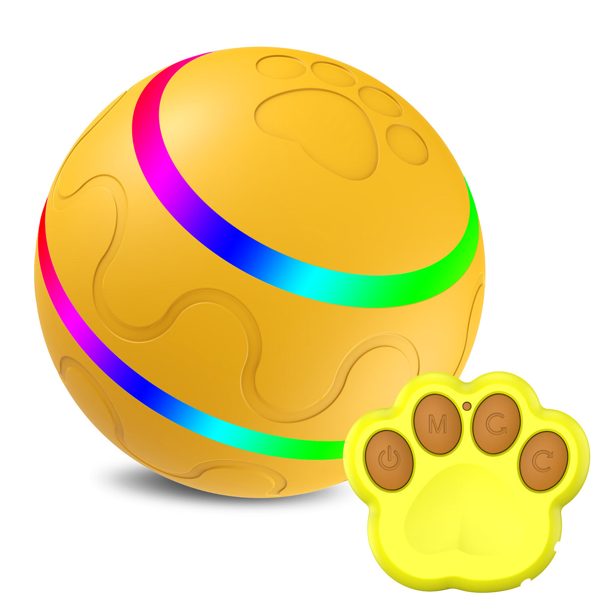 Self-Rolling Interactive Pet Ball with LED Light — Yellow, with Remote
