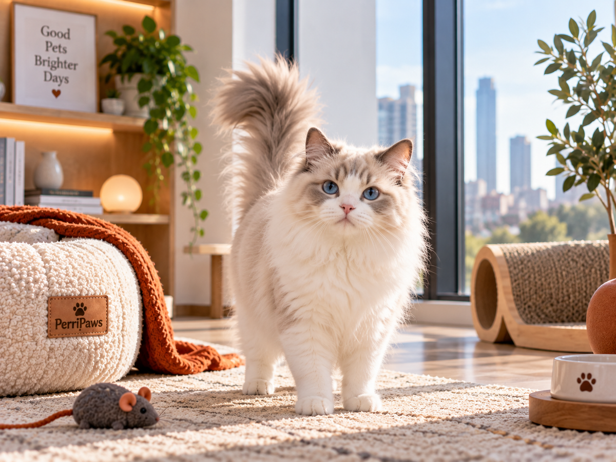A long-haired white cat standing on a cream rug in a bright living room with a city view