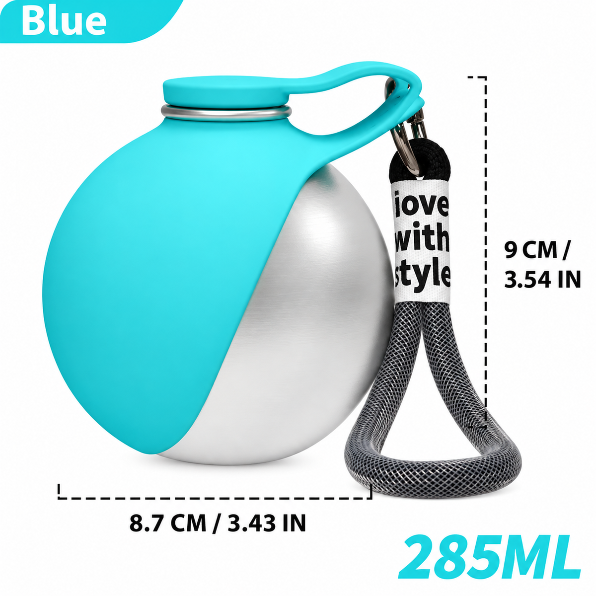 The blue bottle labelled with its dimensions, 9 by 8.7 centimetres, and a 285 millilitre capacity