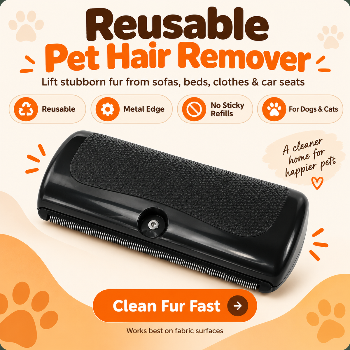 The black hair remover on a cream background with reusable, metal-edge and no-refill labels