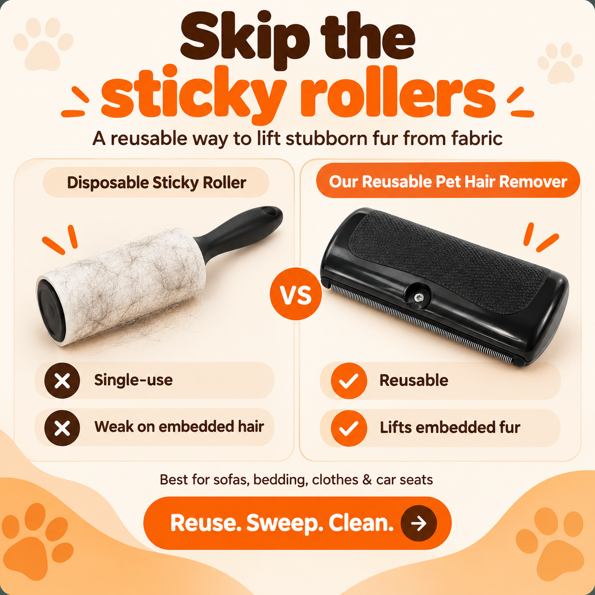 Comparison panel placing a disposable sticky roller beside the reusable pet hair remover