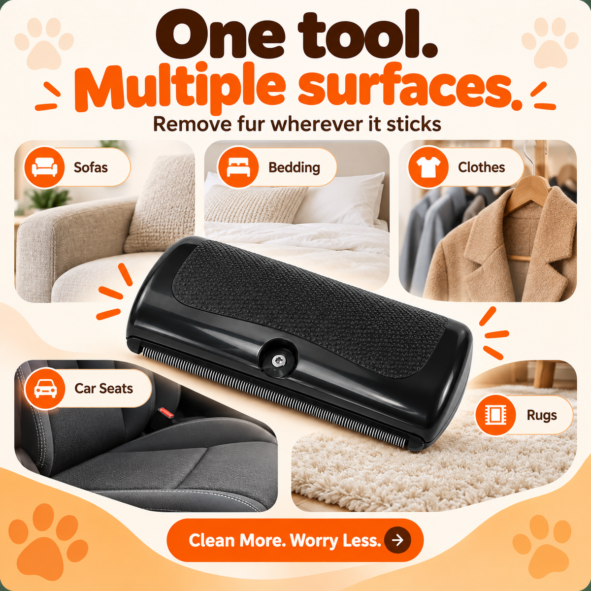 The hair remover shown against sofas, bedding, clothes, car seats and rugs