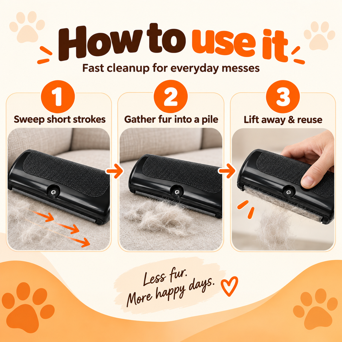 Three-step guide: sweep in short strokes, gather the fur into a pile, then lift it away