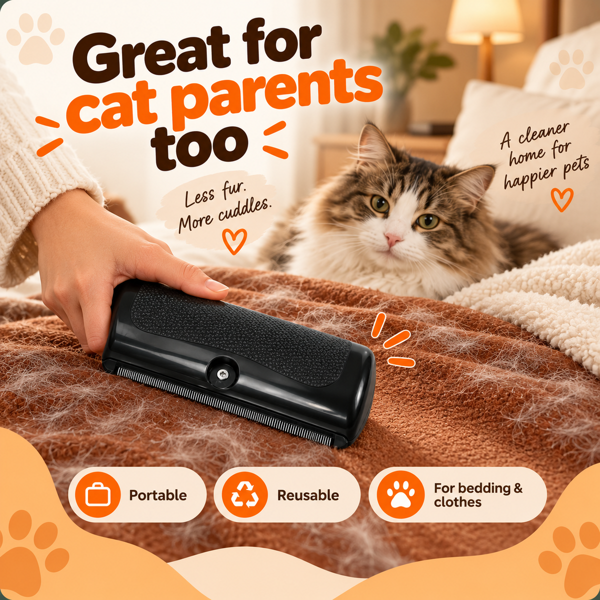 The hair remover being used on a brown throw with a long-haired cat behind it