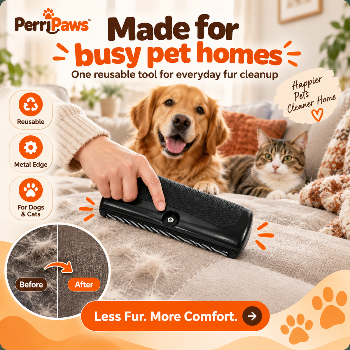 The hair remover in use on a sofa with a golden retriever and a cat, with a before-and-after inset