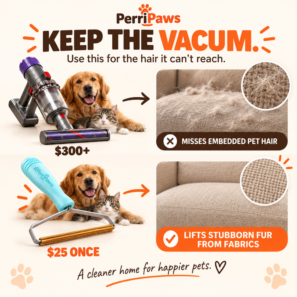 Comparison panel showing a cordless vacuum above the fabric hair remover