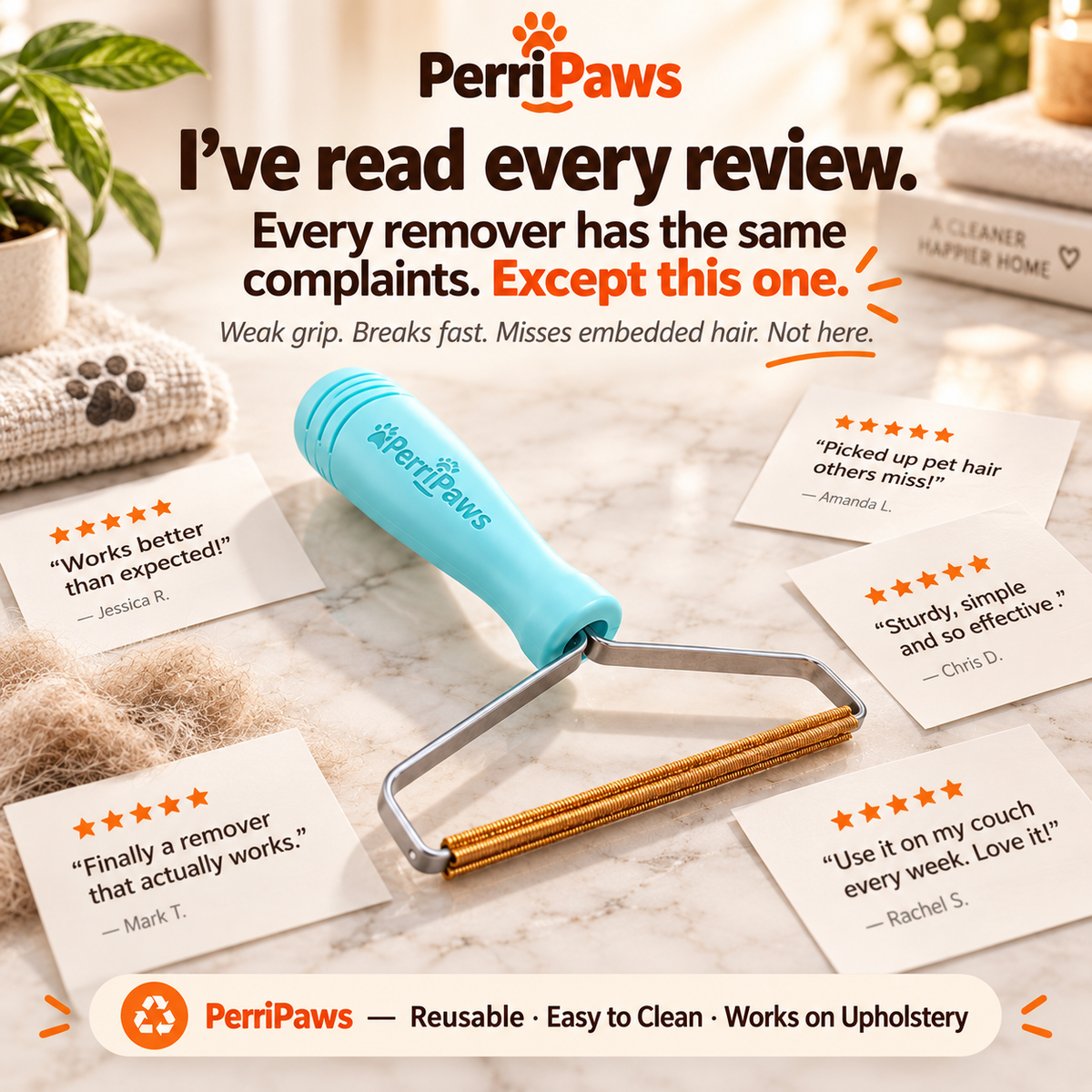 Promotional panel showing the fabric hair remover alongside rating graphics