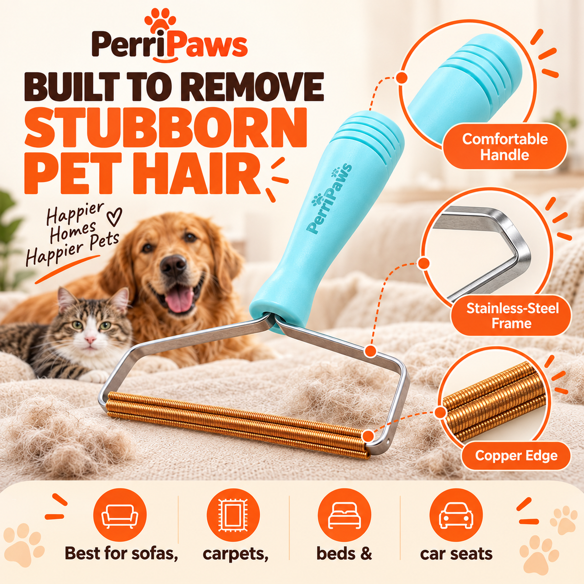 The hair remover on a fur throw with a cat and a dog, labelled for sofas, carpets, beds and car seats