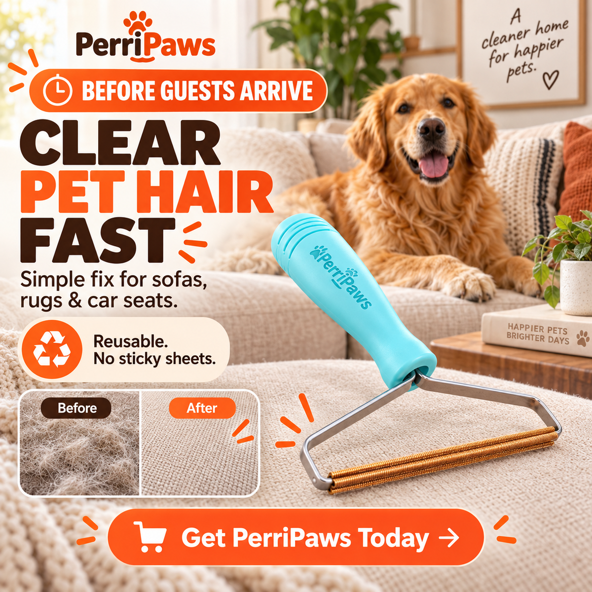 Blue fabric hair remover on a sofa with a golden retriever, with a before-and-after inset