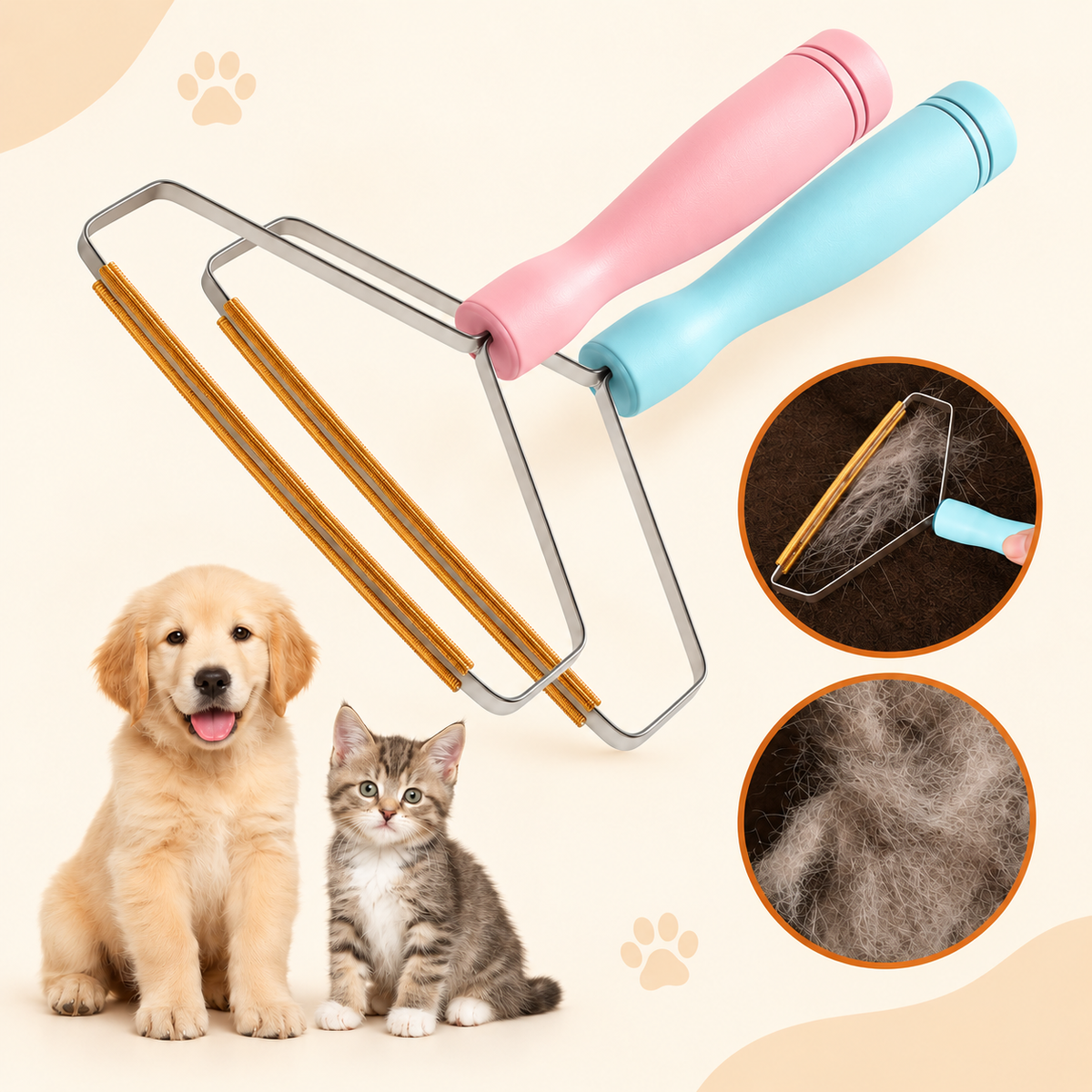 Pink and blue hair removers with a puppy and a kitten, with close-ups of lifted fur