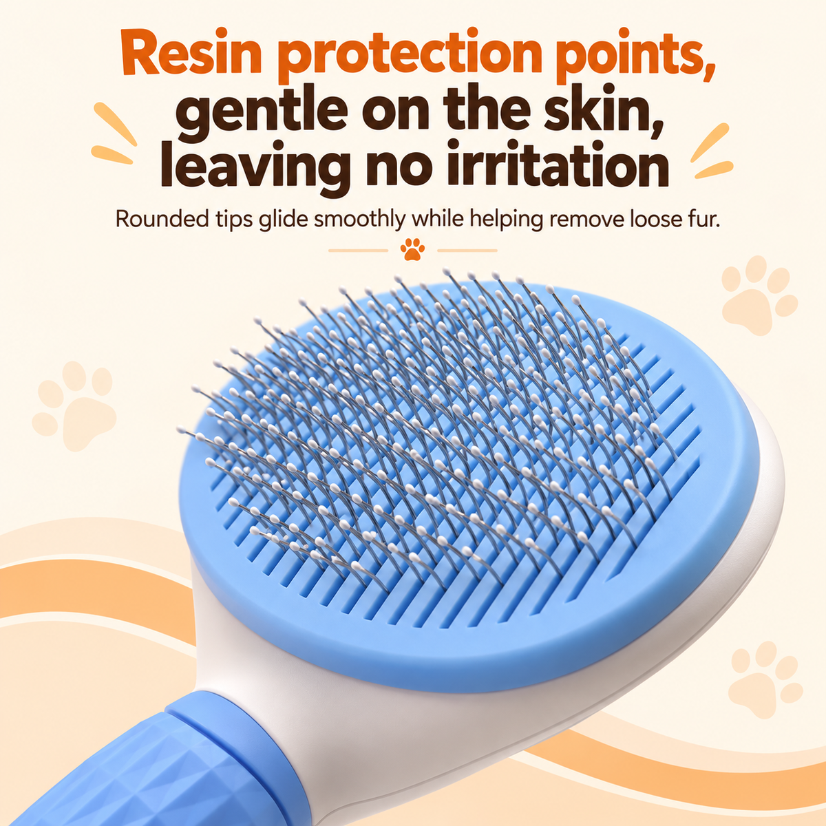Close-up of the blue brush's rounded resin-tipped pins