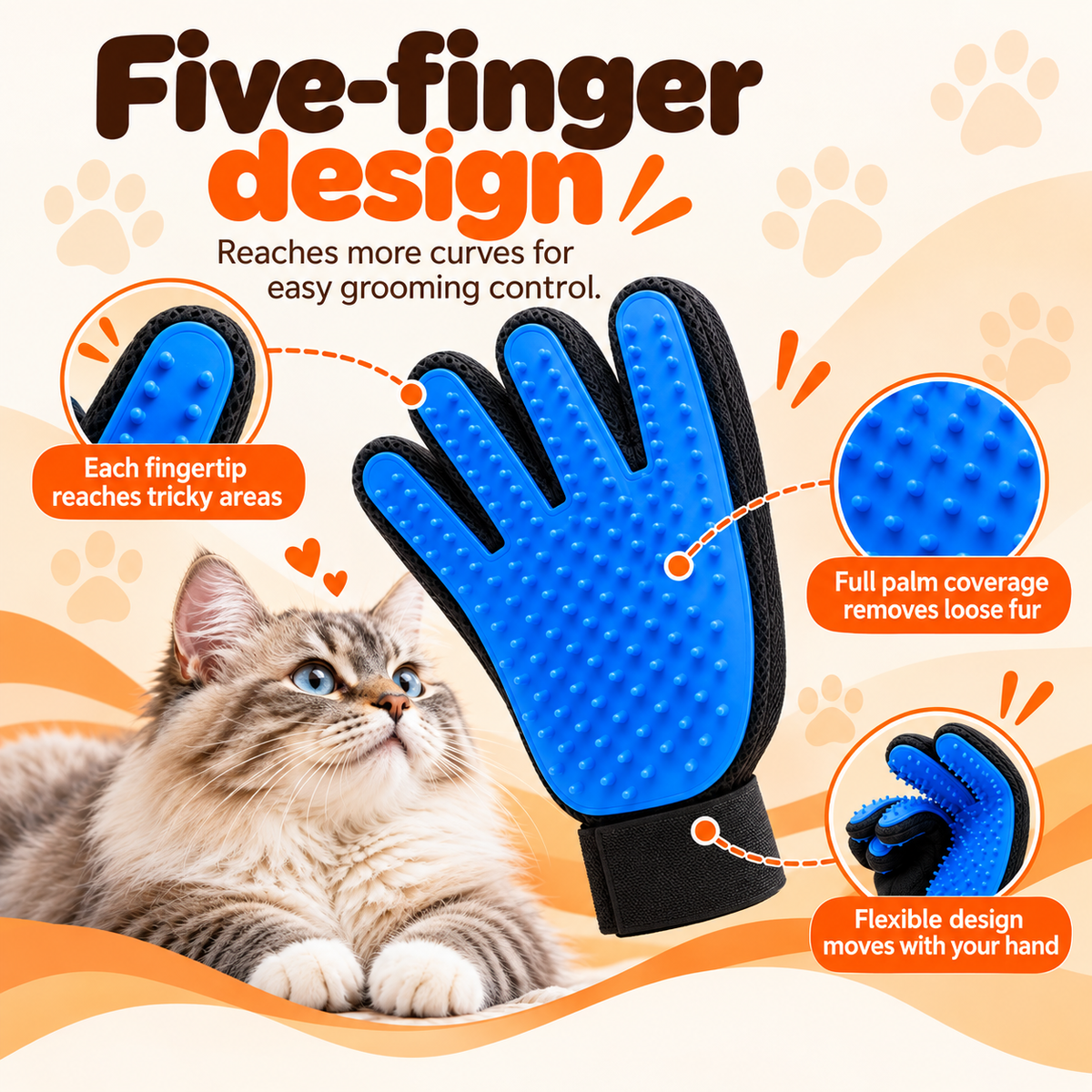 Blue five-finger grooming glove shown with a long-haired cat