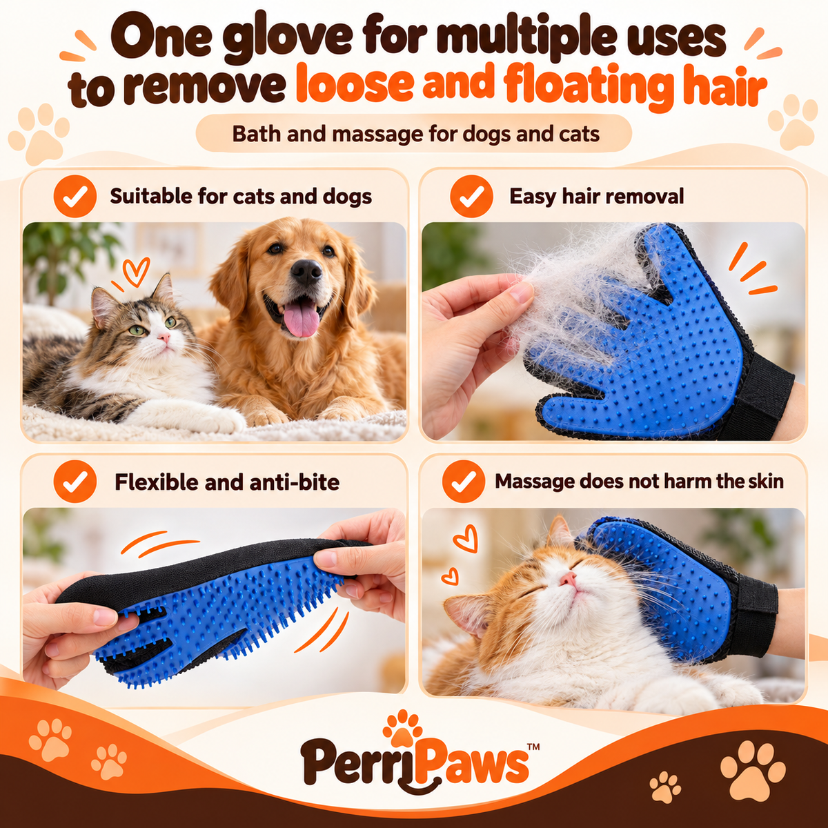 Four-panel grid showing the glove used on cats and dogs, wet and dry