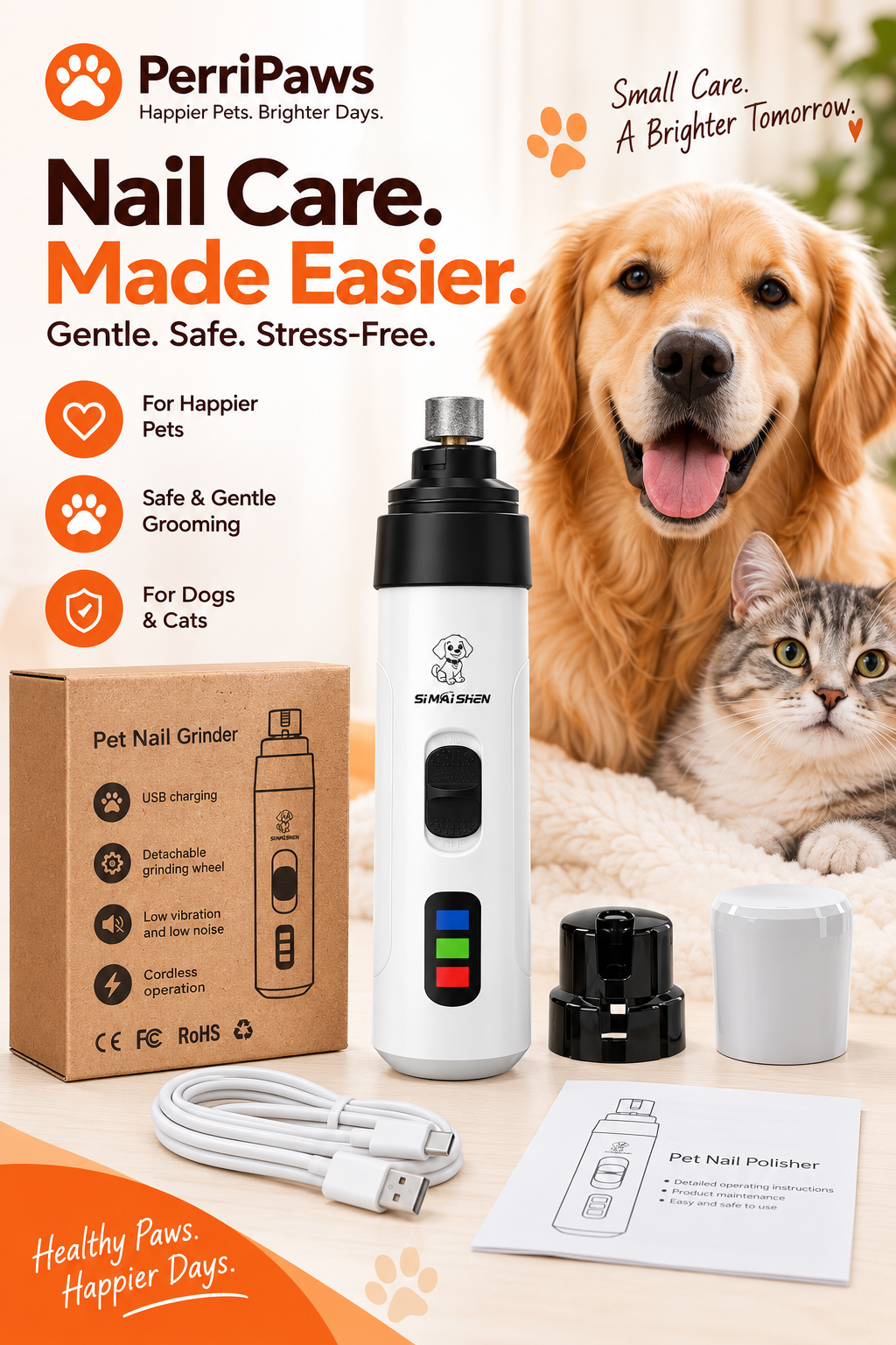 The nail grinder with its retail box, cable and manual, with a golden retriever and a cat