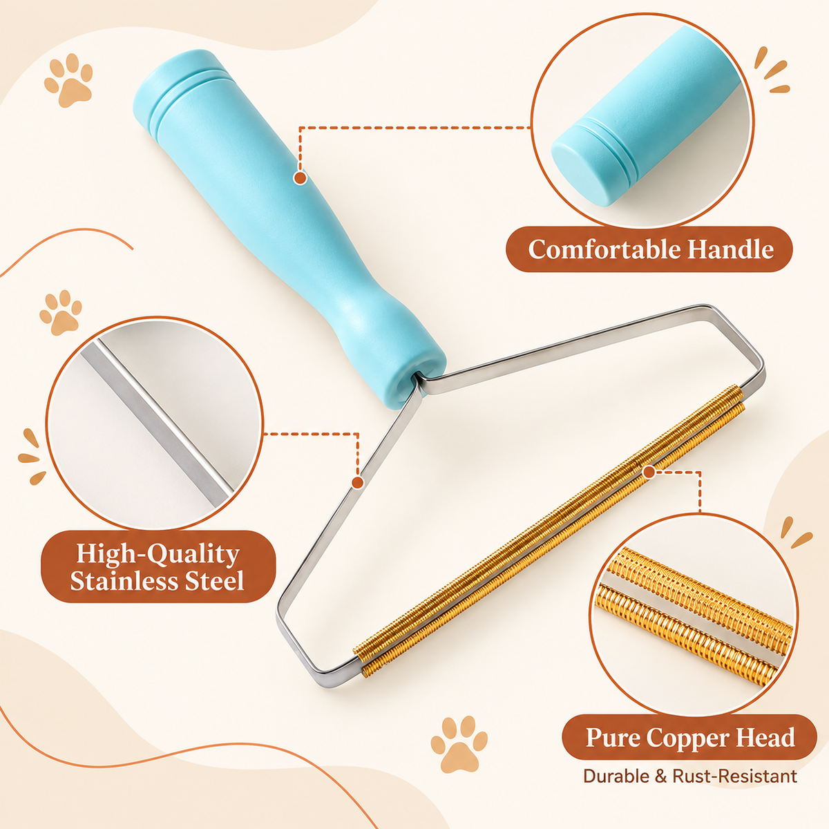 Labelled diagram showing the handle, the stainless steel frame and the copper head