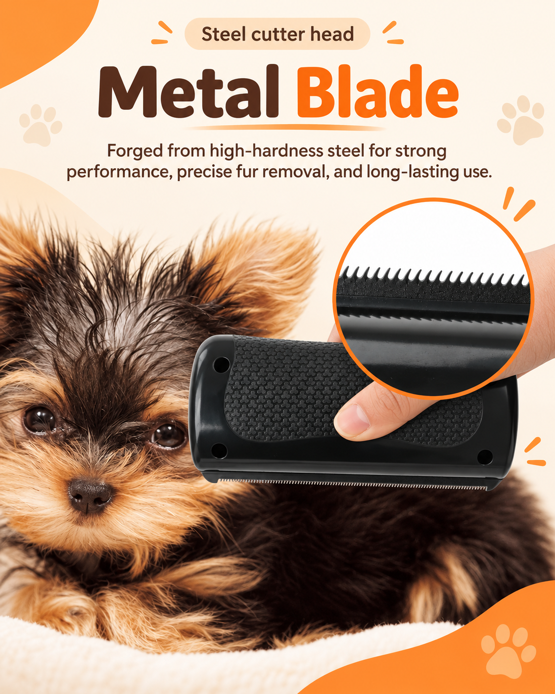 Close-up of the steel cutter head held above a Yorkshire terrier