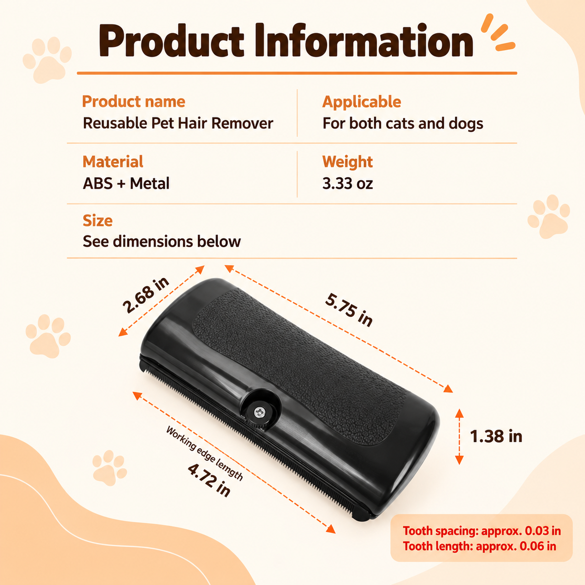 Product information panel giving dimensions of 5.75 by 2.68 by 1.38 inches and a weight of 3.33 ounces