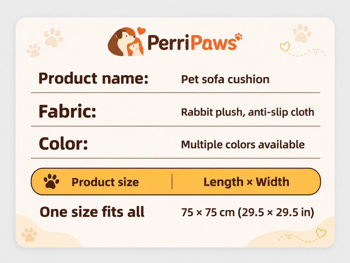Specification panel: pet sofa cushion in rabbit plush with anti-slip cloth, 75 by 75 centimetres