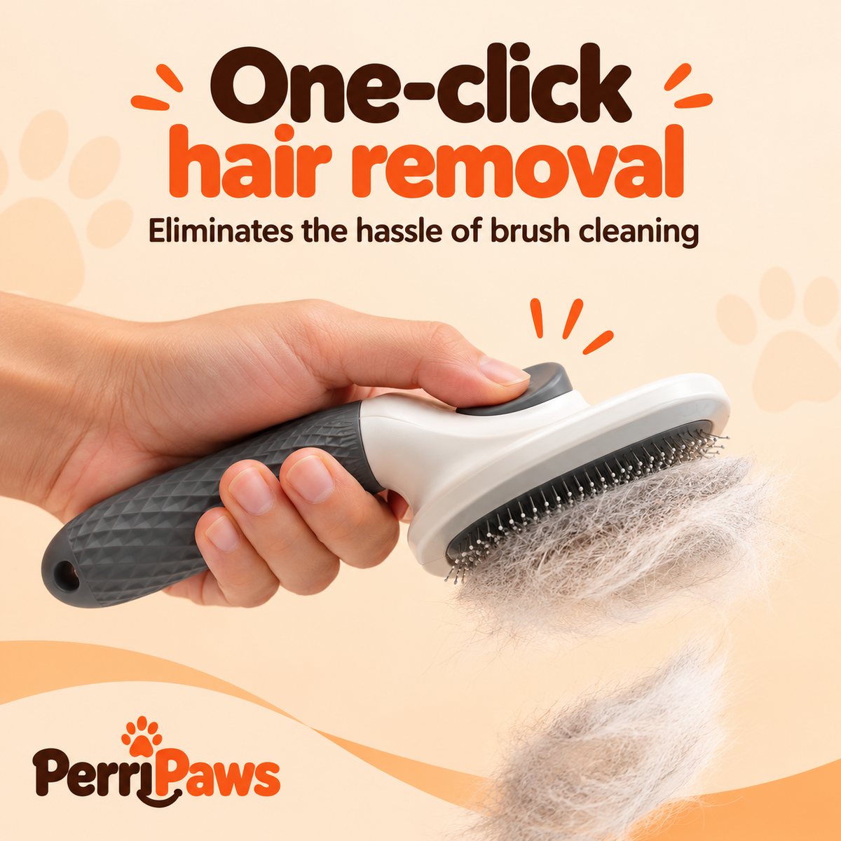 A hand holding the slicker brush with a clump of released fur