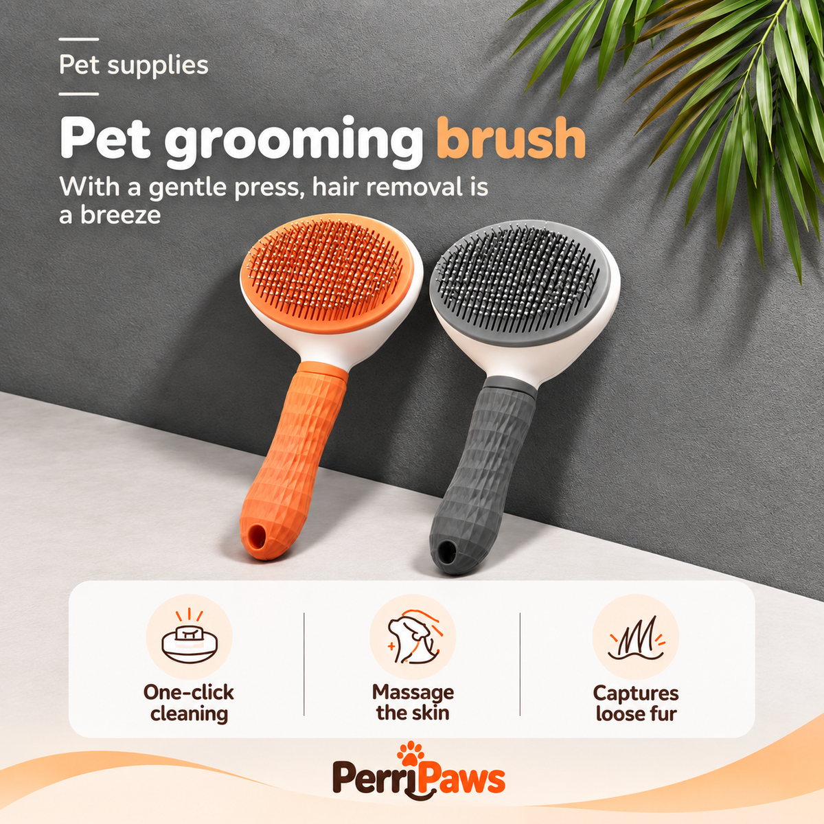 Orange and grey slicker brushes on a grey surface