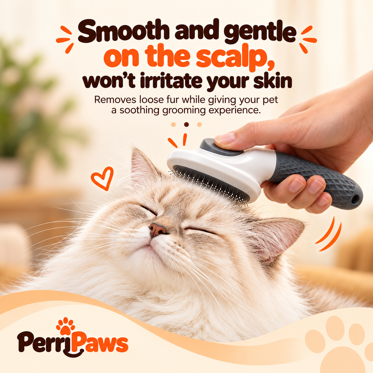The grey slicker brush being used on a long-haired cat's head