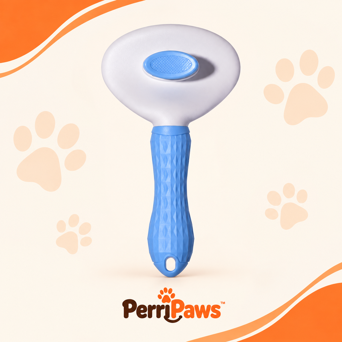 Blue and white slicker brush with a retractable head on a cream background