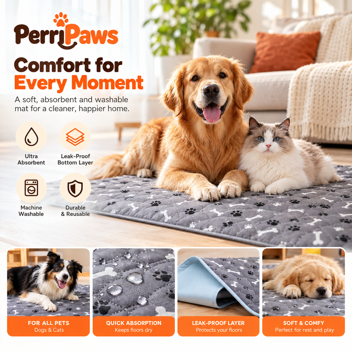 Grey paw-print mat with a golden retriever and a cat lying on it
