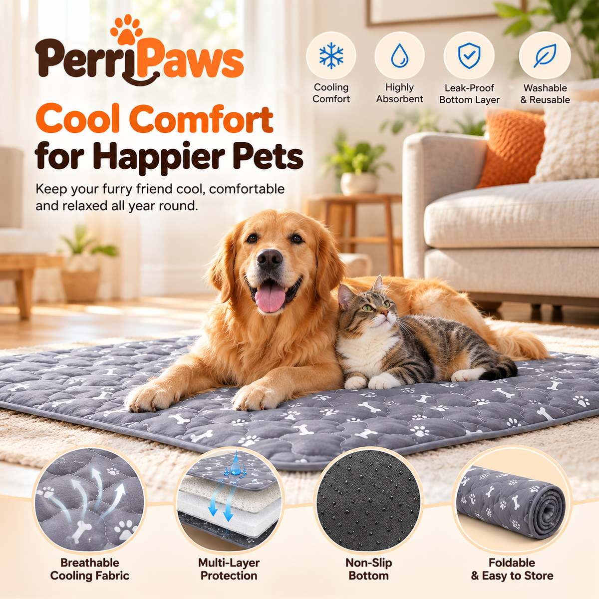 The grey mat with a golden retriever and a cat, with fabric detail icons