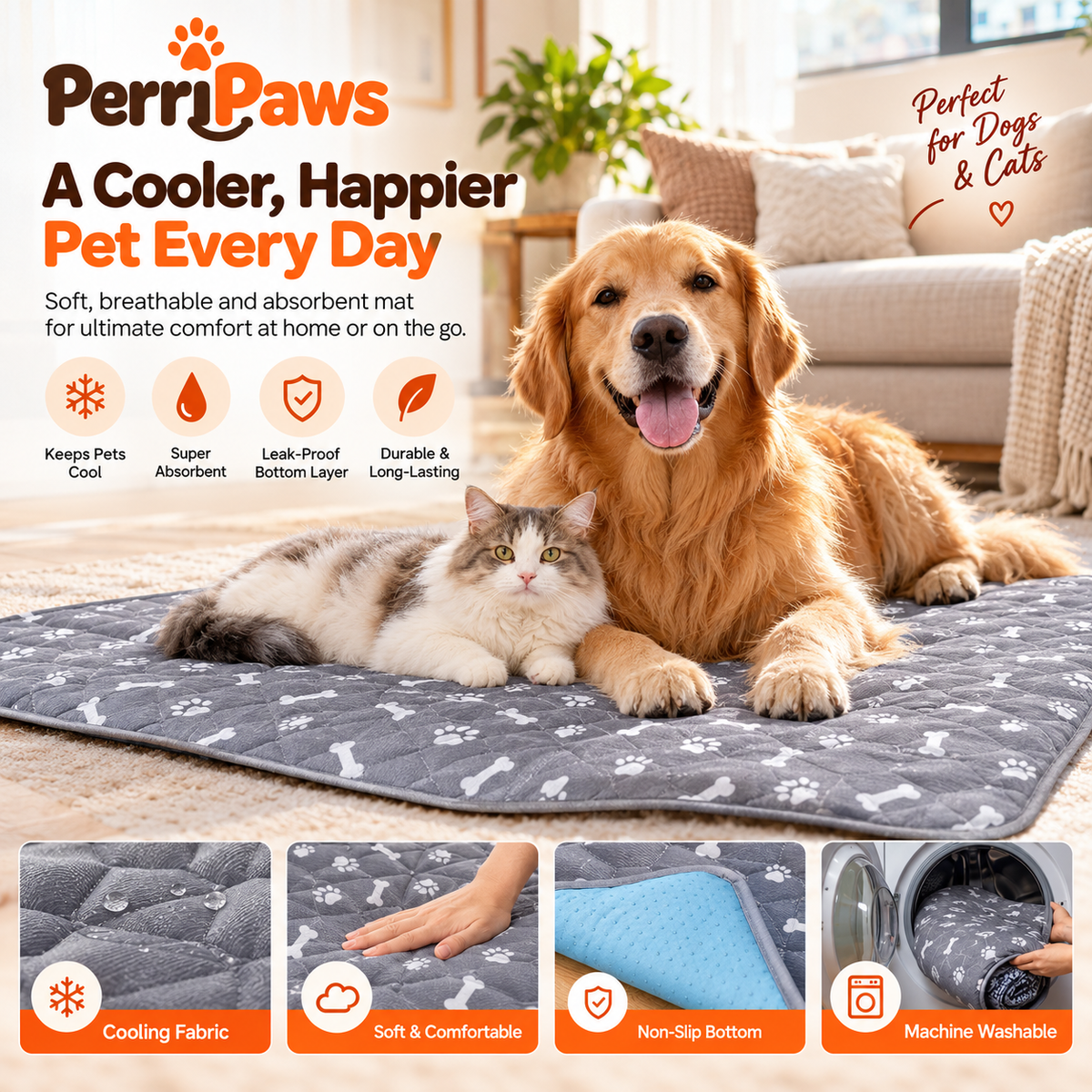A golden retriever lying on the grey mat with the blue reverse folded back