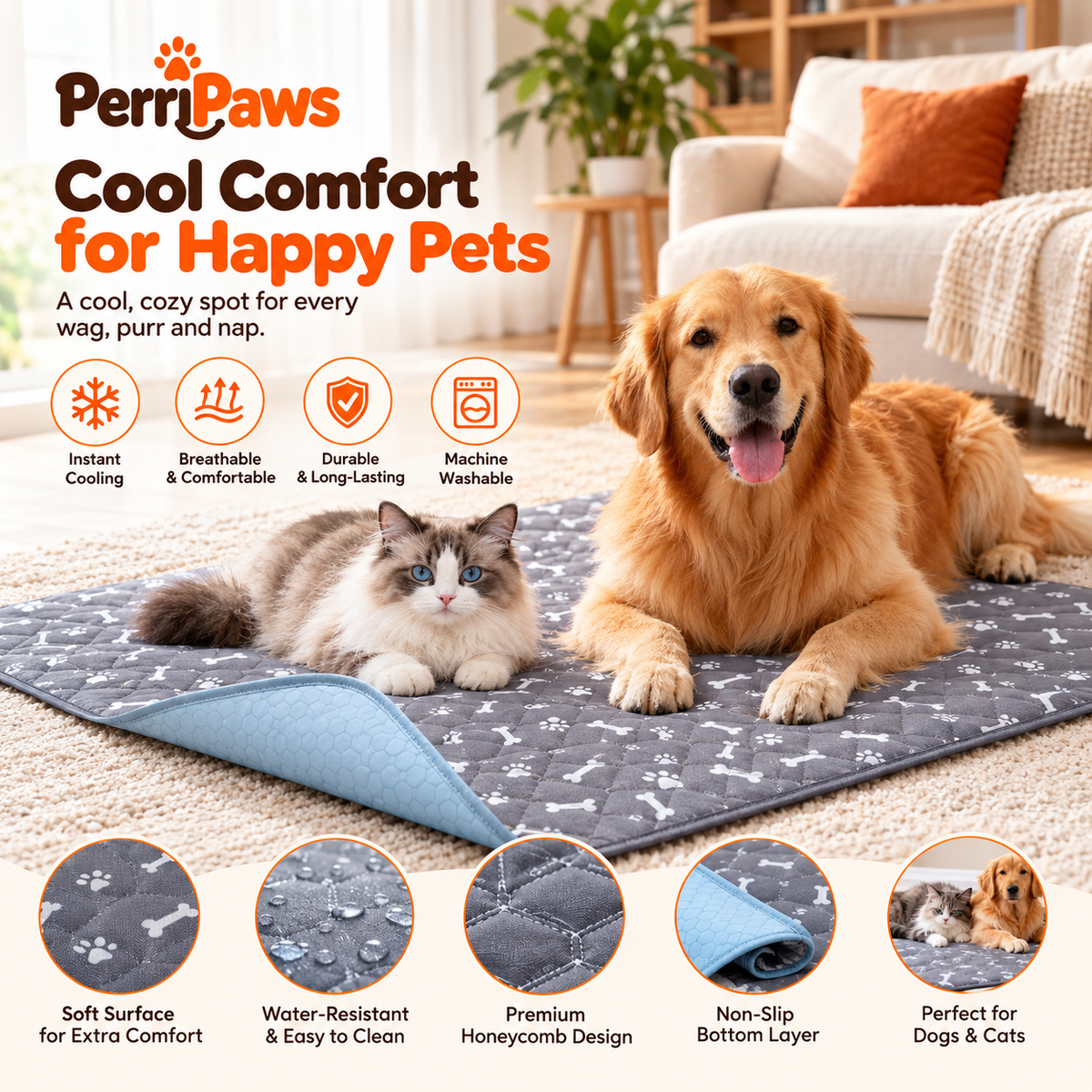 A golden retriever and a ragdoll cat on the grey mat with feature icons
