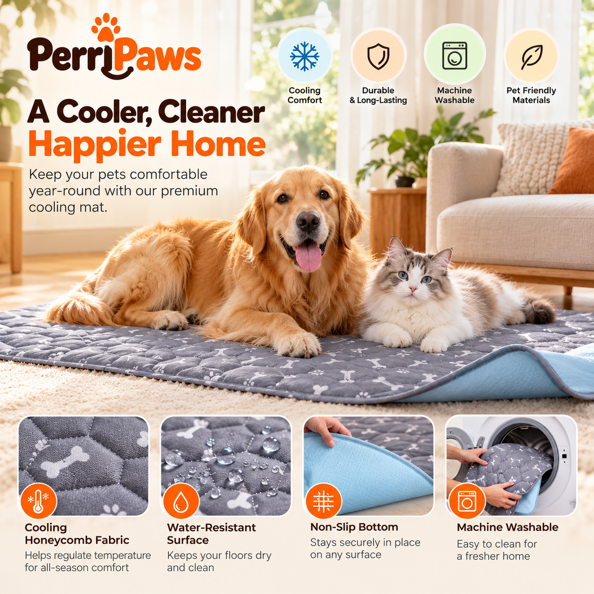A golden retriever and a cat on the grey mat in a living room