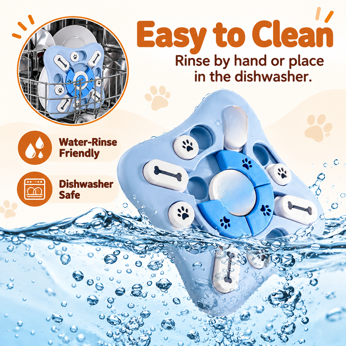 The puzzle feeder shown with running water and a dishwasher basket