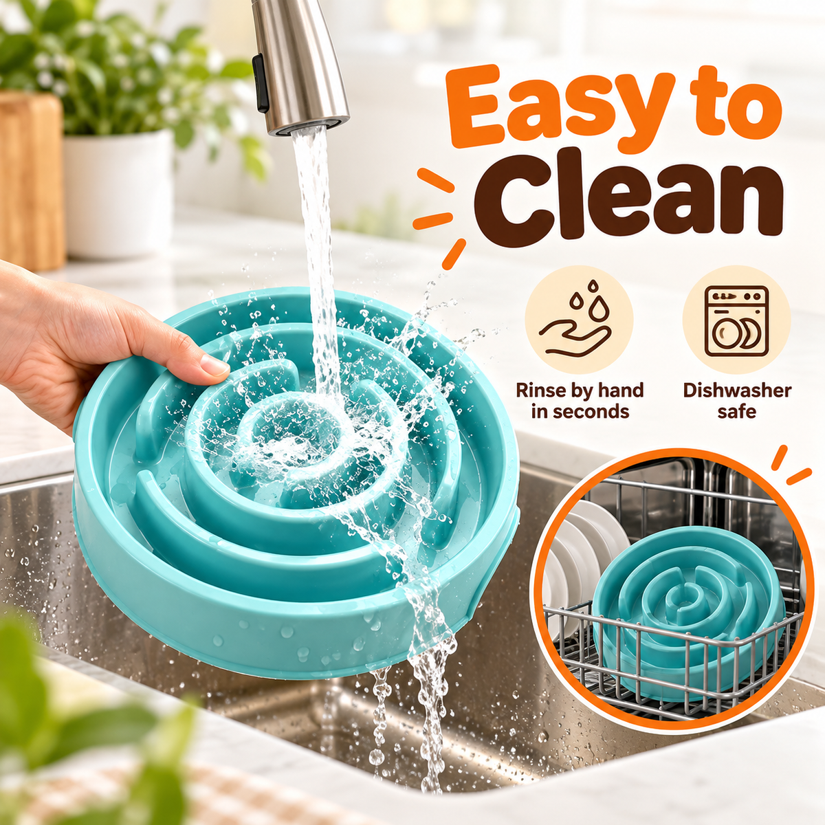 The teal maze bowl being rinsed under a tap, with a dishwasher basket inset