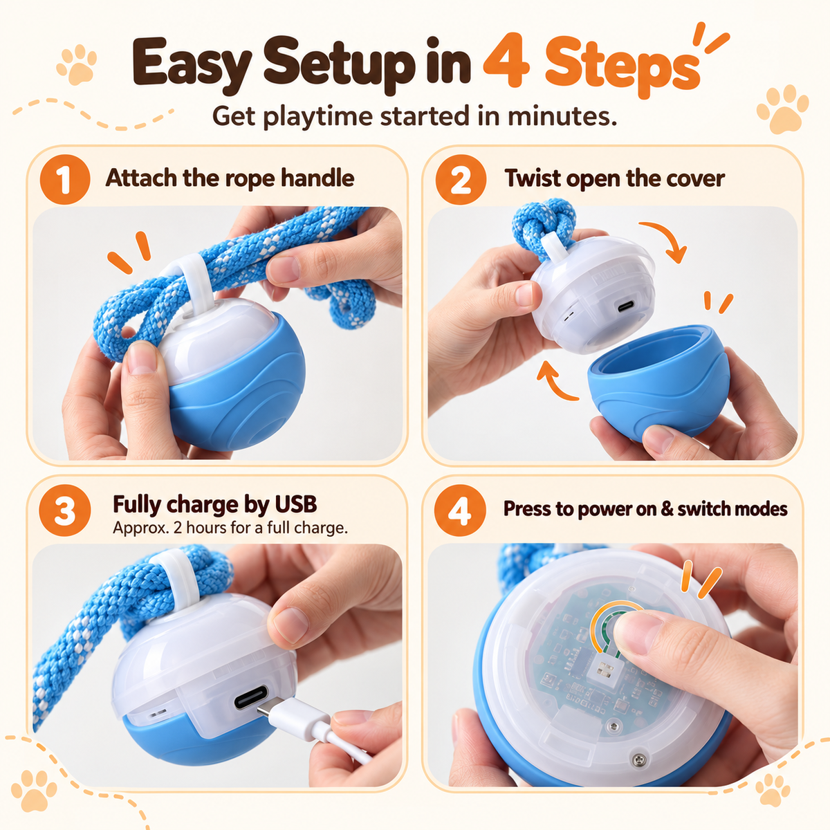 Four-step setup: attach the rope handle, twist open the cover, charge by USB, then press to power on
