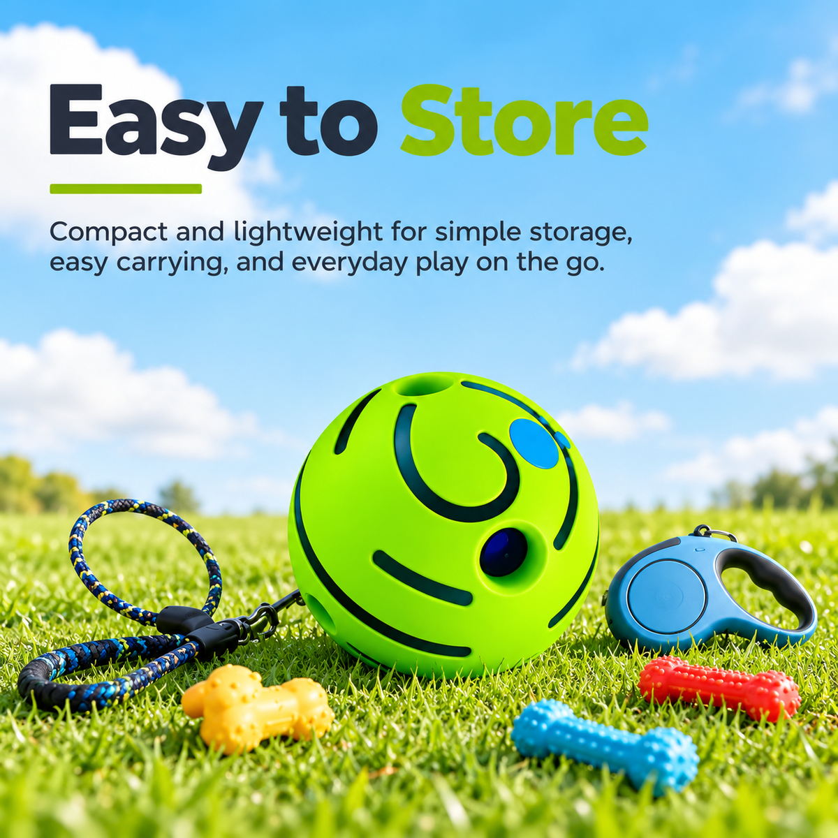 The giggle ball on grass with a rope lead and other dog toys