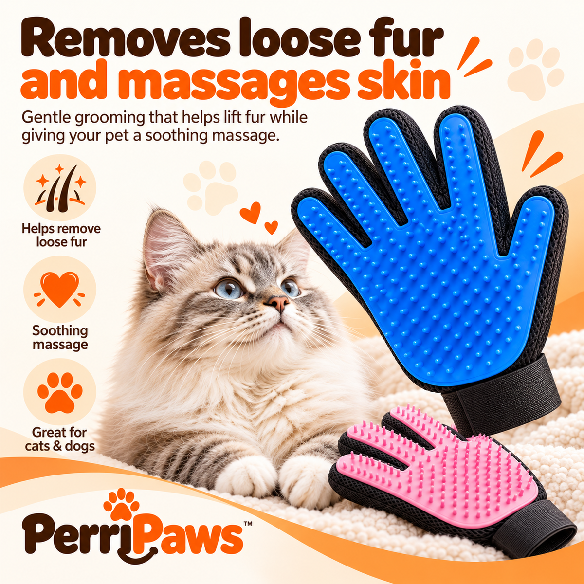 Blue and pink grooming gloves shown with a long-haired cat