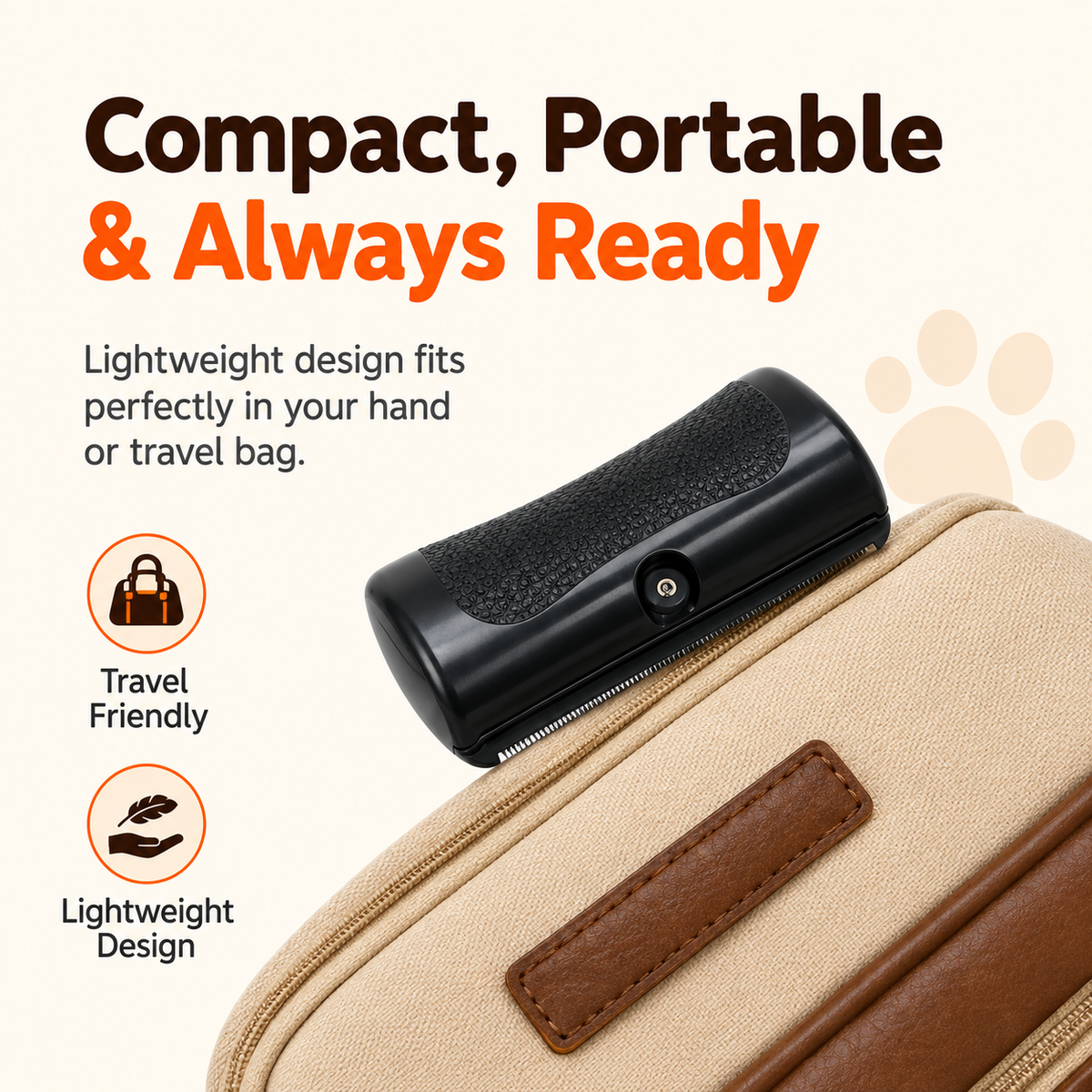The hair remover resting on a canvas travel bag