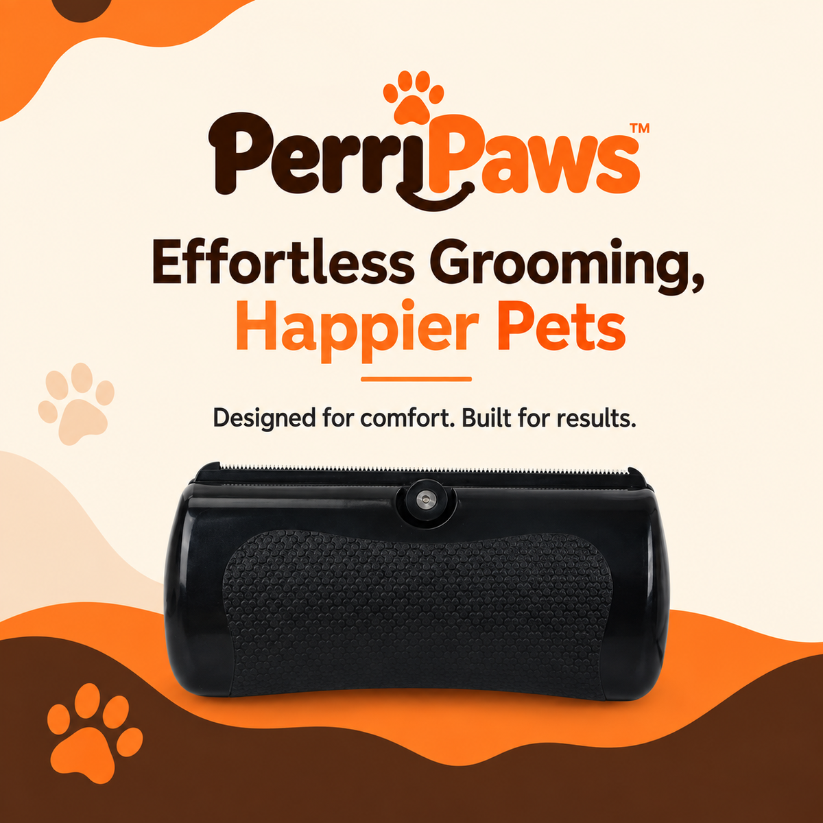 Black handheld pet hair remover on a cream background with the PerriPaws wordmark