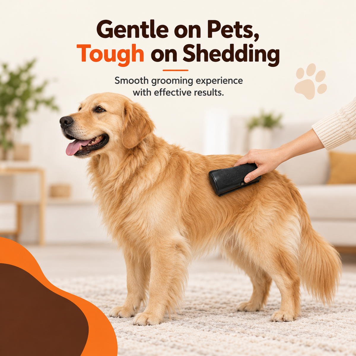 A golden retriever being groomed with the hair remover in a living room