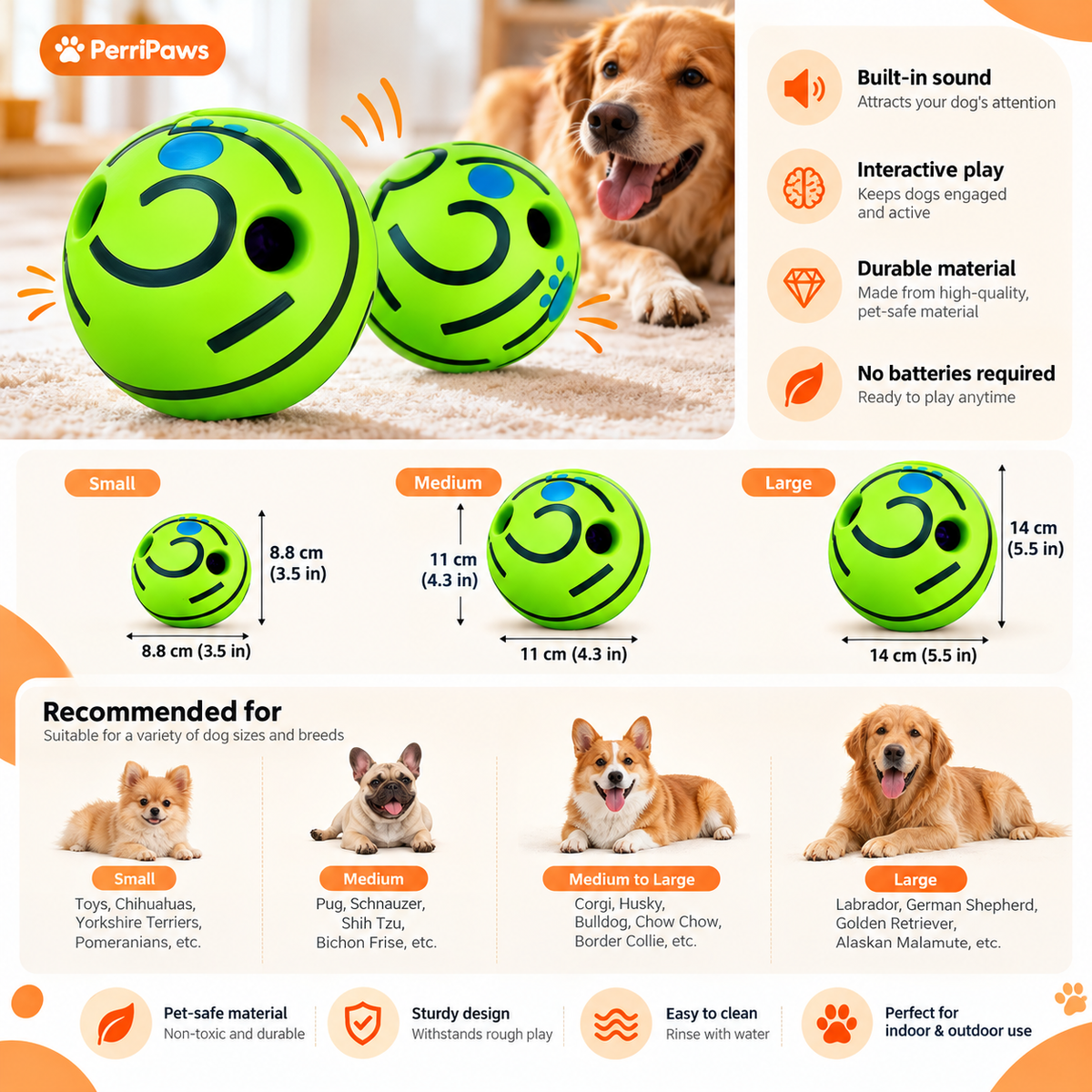 Size panel showing 8.8, 11 and 14 centimetre balls with recommended dog breeds