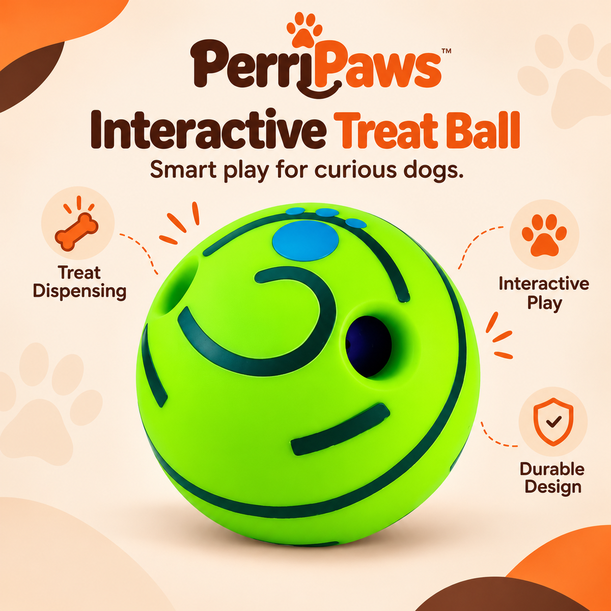 Green giggle ball with blue dots on a cream background