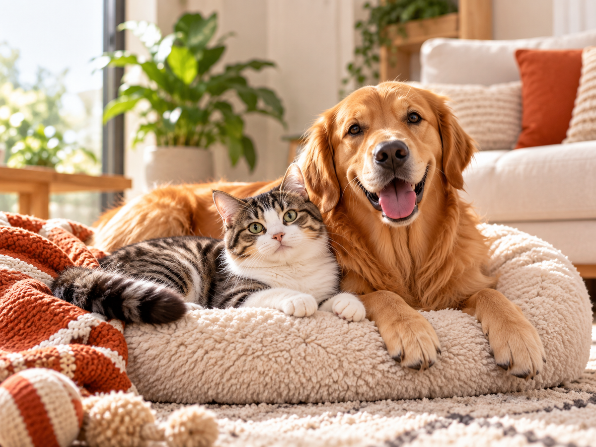 A golden retriever and a tabby cat resting together on a cream pet bed in a sunlit living room