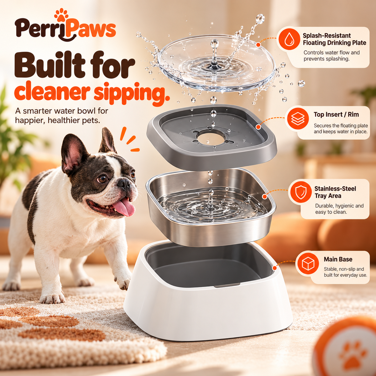 Exploded view of the no-splash bowl showing the floating plate, stainless tray and base, with a French bulldog