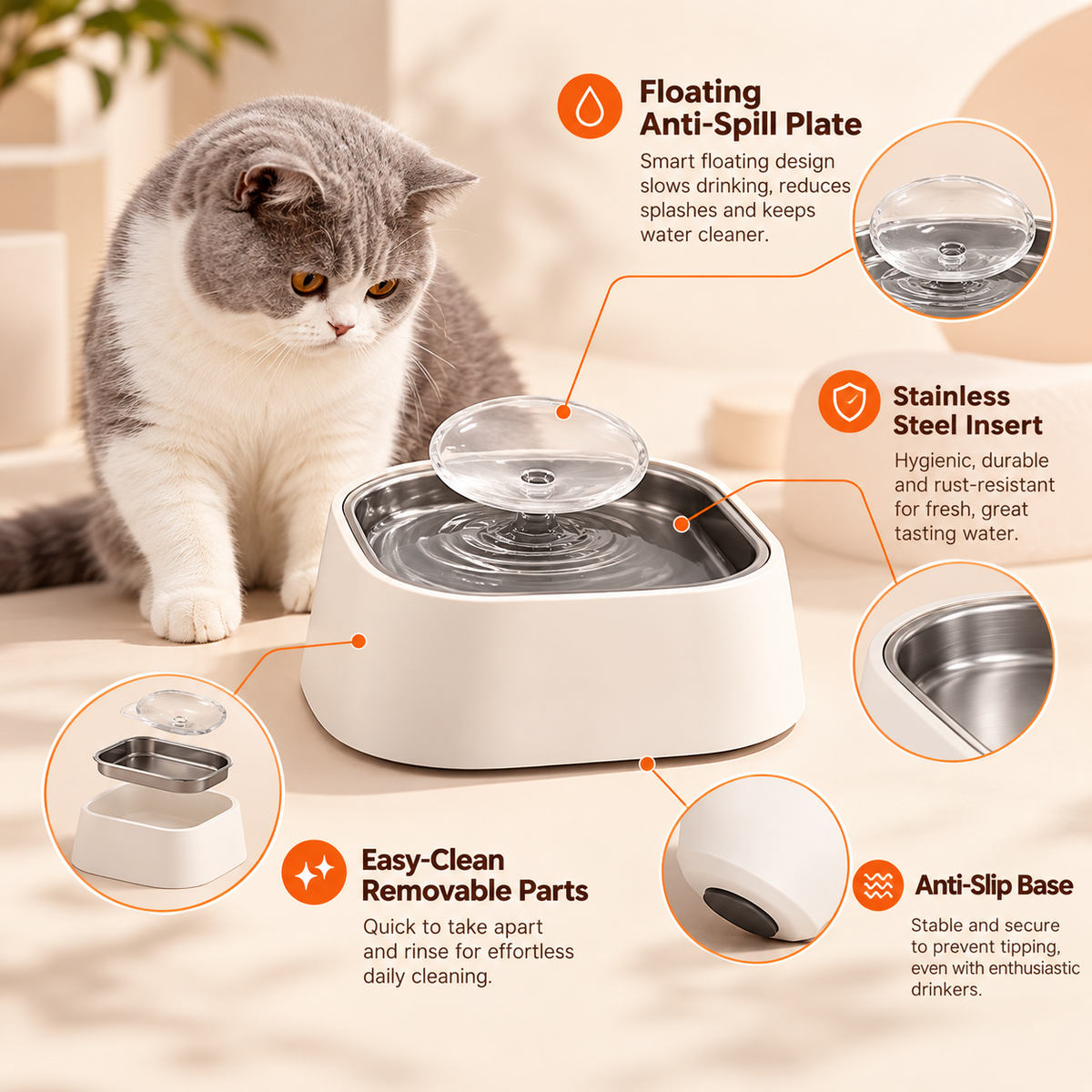 A British shorthair cat at the bowl, labelled with the floating plate and stainless steel insert