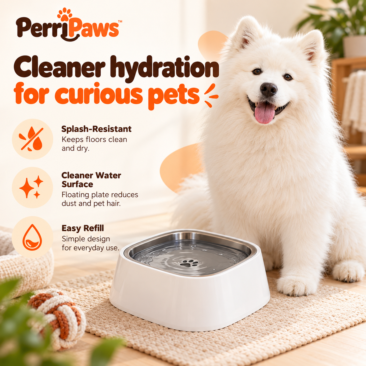 A samoyed beside the white no-splash bowl