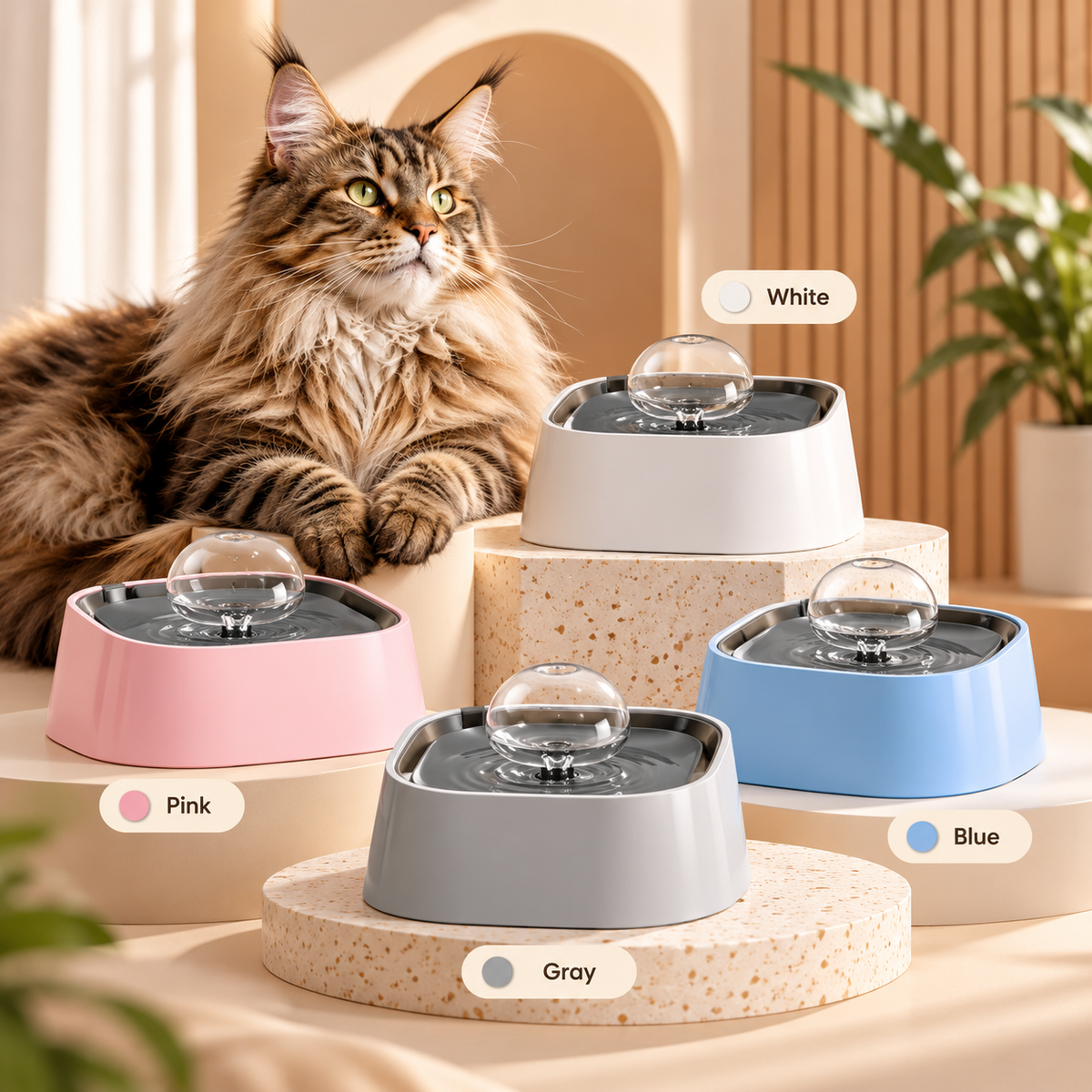 The bowl in white, pink, blue and grey on cream plinths with a Maine Coon cat