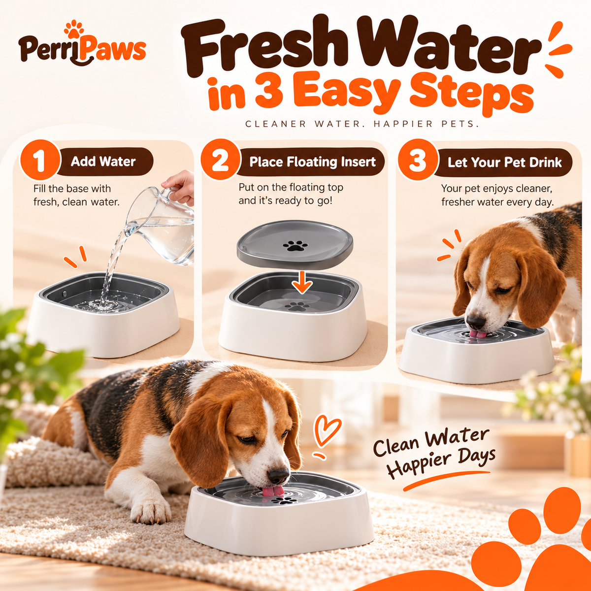 Three-step guide: add water, place the floating insert, then let the pet drink, with a beagle
