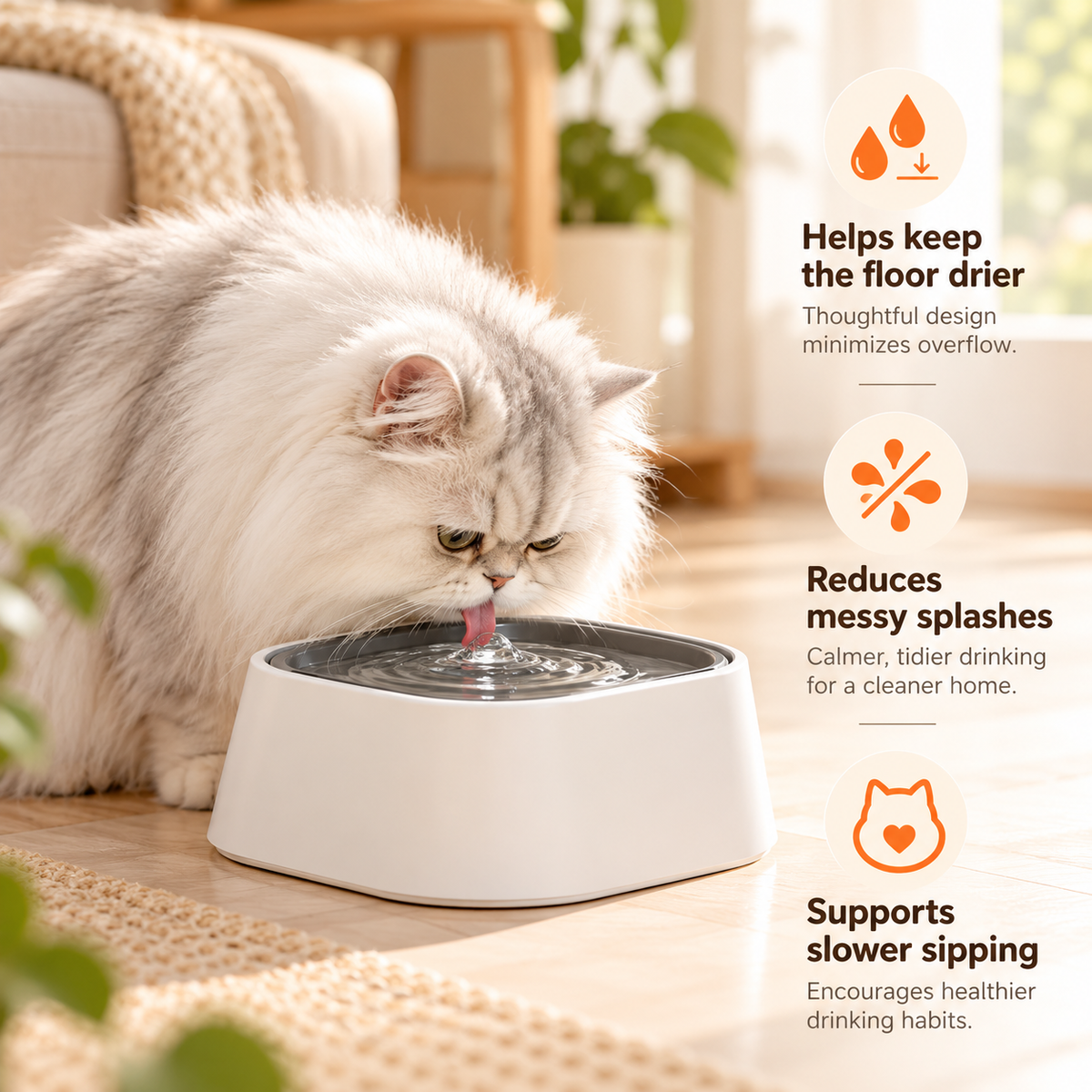 A cat drinking from the bowl with labels about floor dryness and splashing